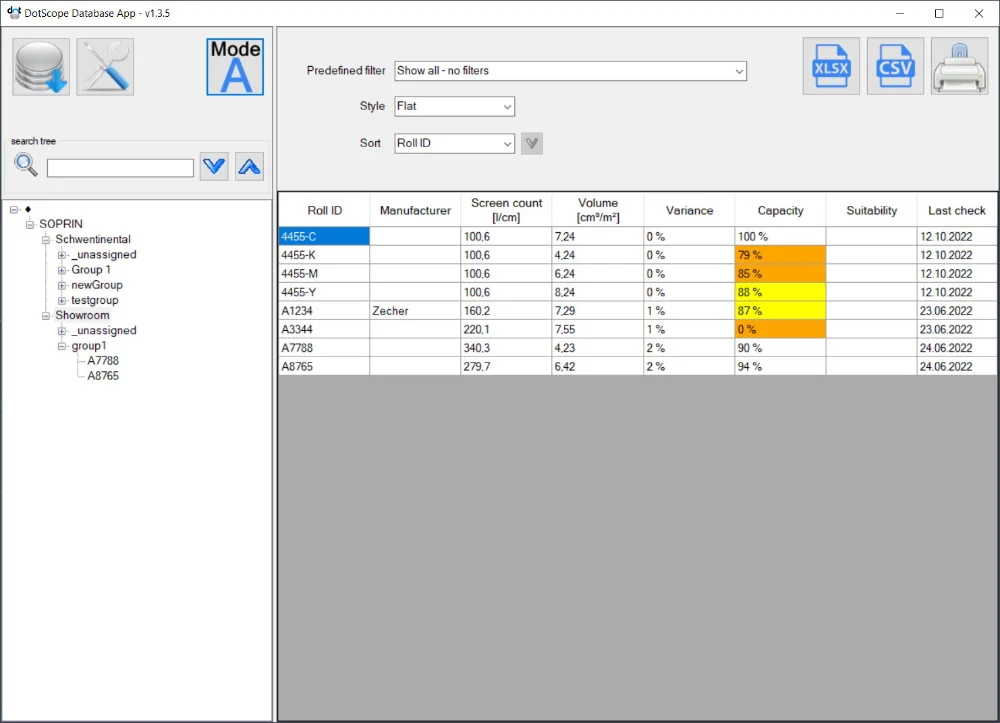 Database filter in Anilox mode