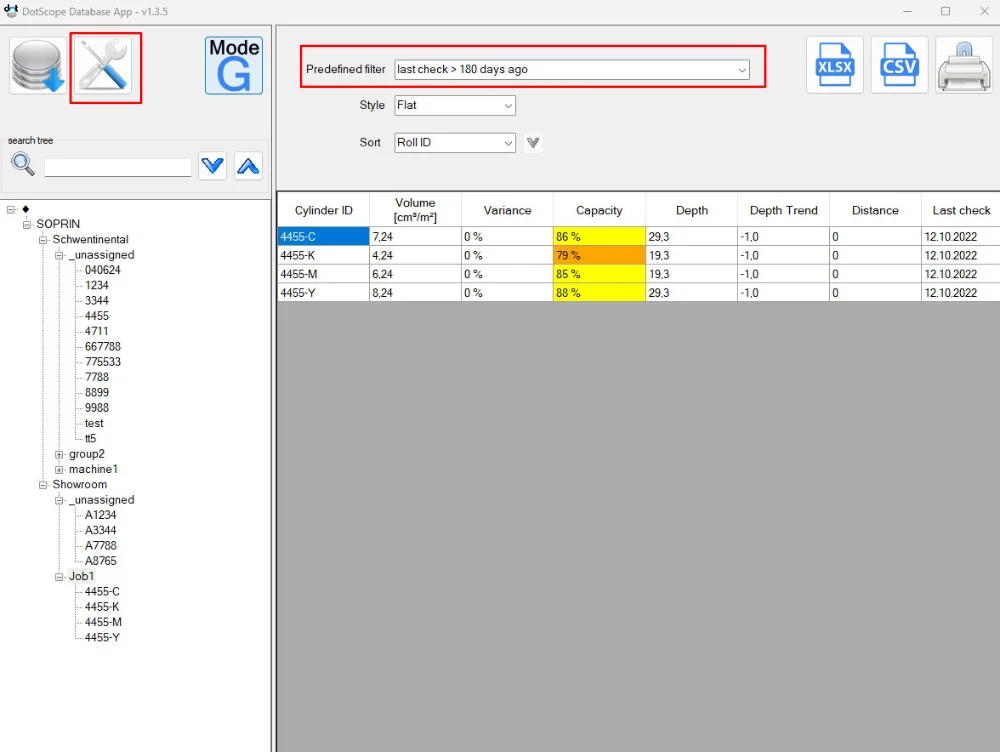 View of the database filter settings in gravure mode